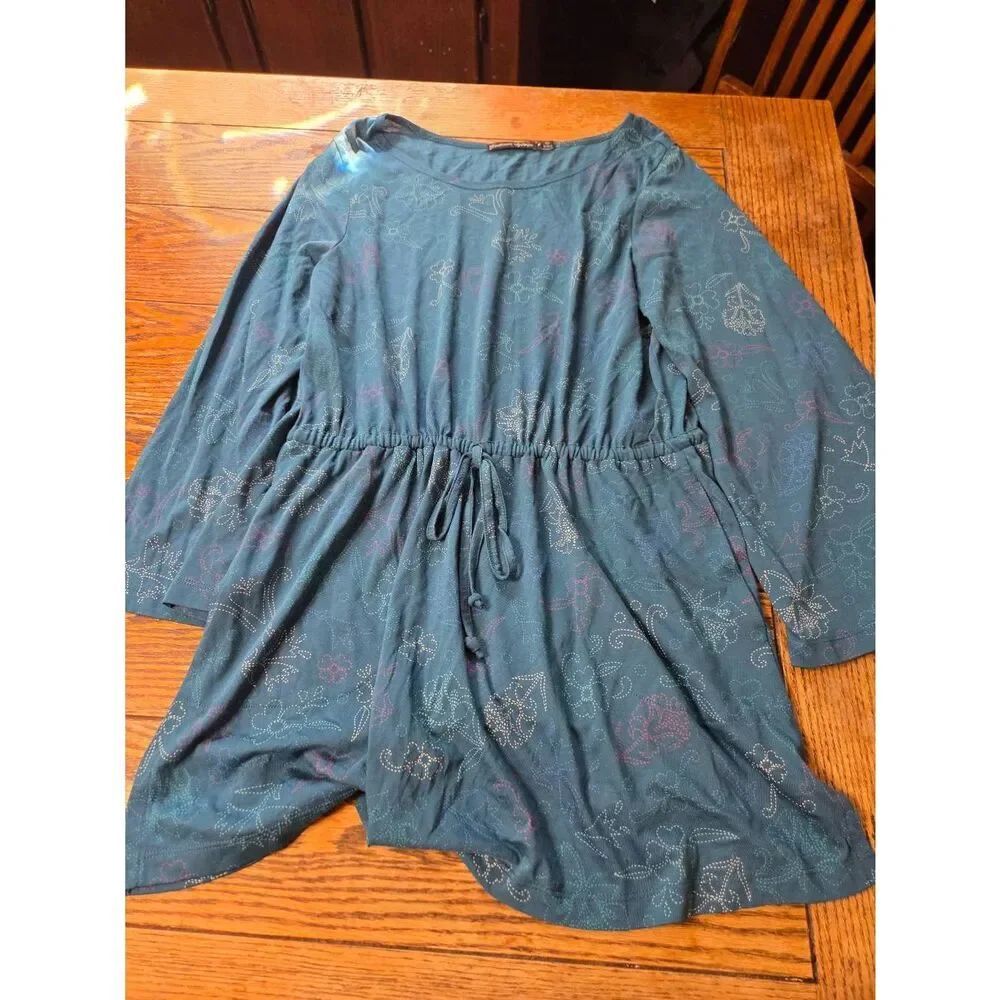 Gudrun Sjoden blue floral drawstring waist tunic dress sz Medium
